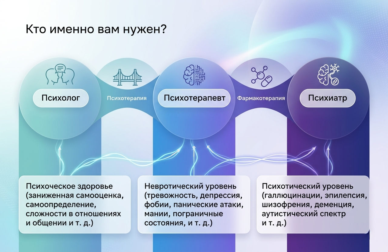 Инфографика отличий психолога, психотерапевта и психиатра по уровням расстройств — для услуги приём психиатра.